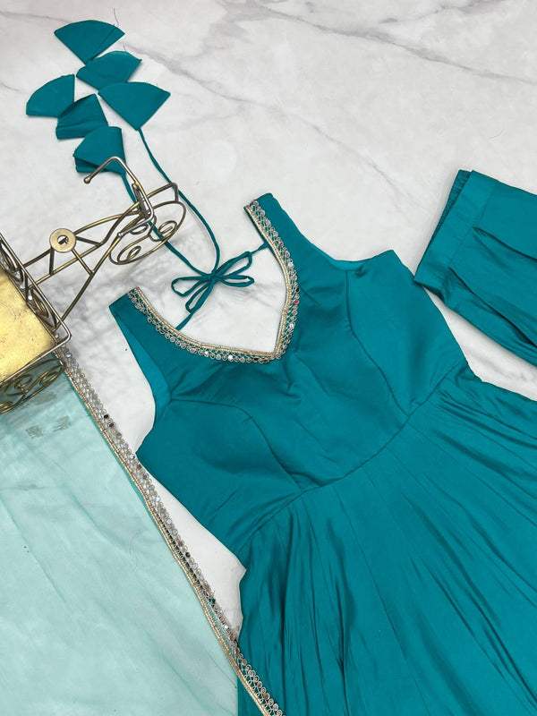 Sky Blue Roman Silk Chanderi Anarkali Gown Set with Pant & Net Dupatta ClothsVilla