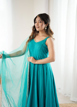 Sky Blue Roman Silk Chanderi Anarkali Gown Set with Pant & Net Dupatta ClothsVilla