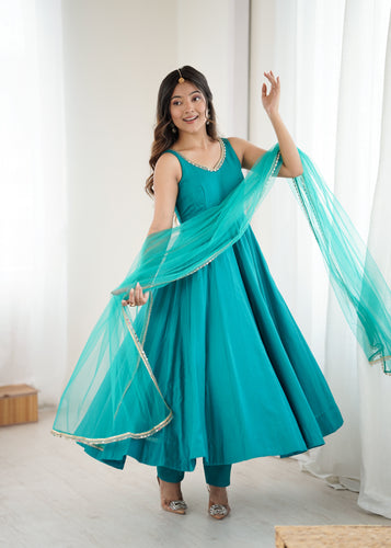 Sky Blue Roman Silk Chanderi Anarkali Gown Set with Pant & Net Dupatta ClothsVilla