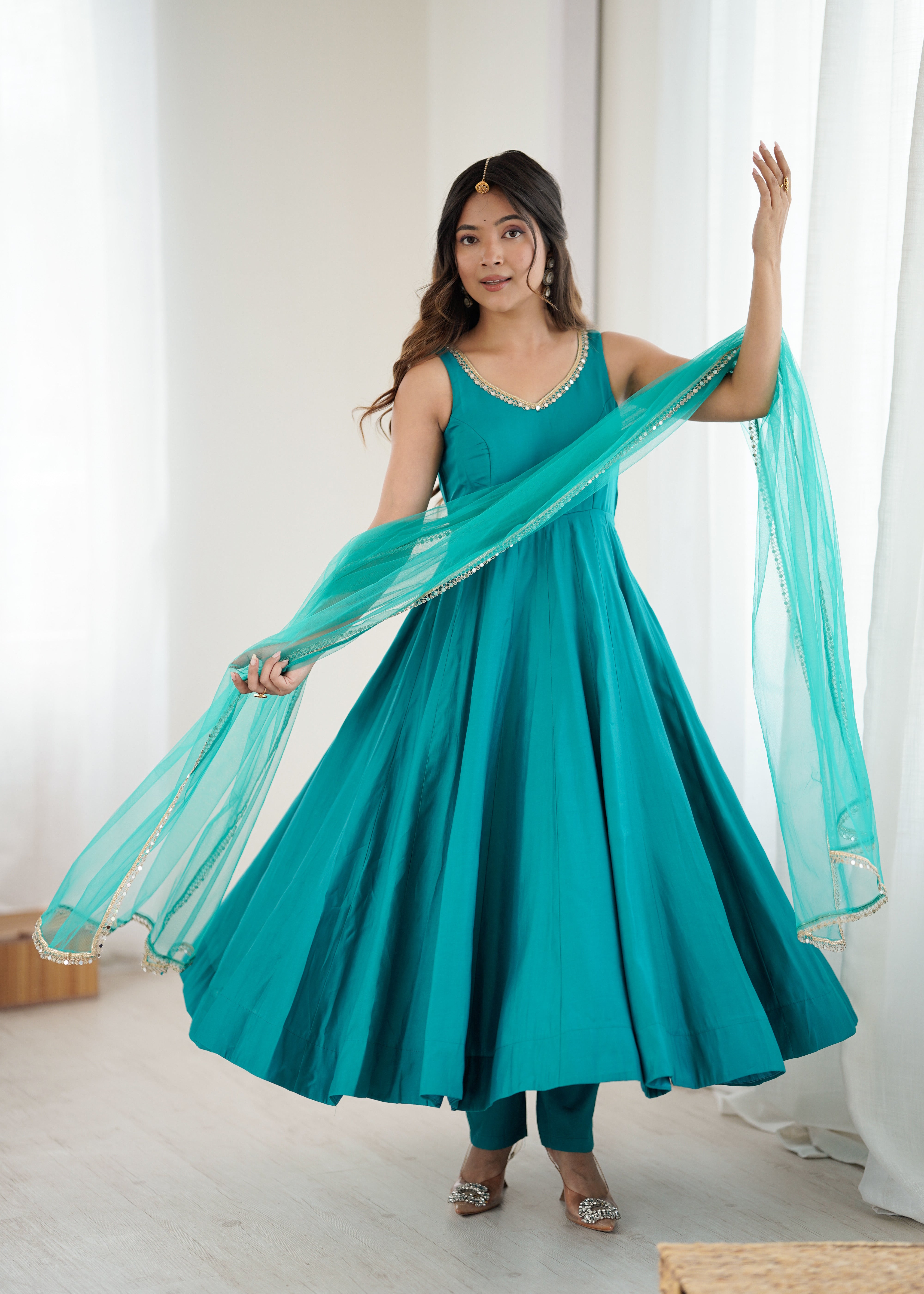 Sky Blue Roman Silk Chanderi Anarkali Gown Set with Pant & Net Dupatta Secondary image