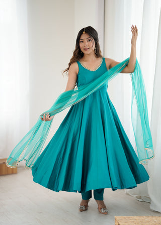 Sky Blue Roman Silk Chanderi Anarkali Gown Set with Pant & Net Dupatta ClothsVilla