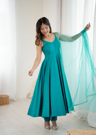 Sky Blue Roman Silk Chanderi Anarkali Gown Set with Pant & Net Dupatta ClothsVilla