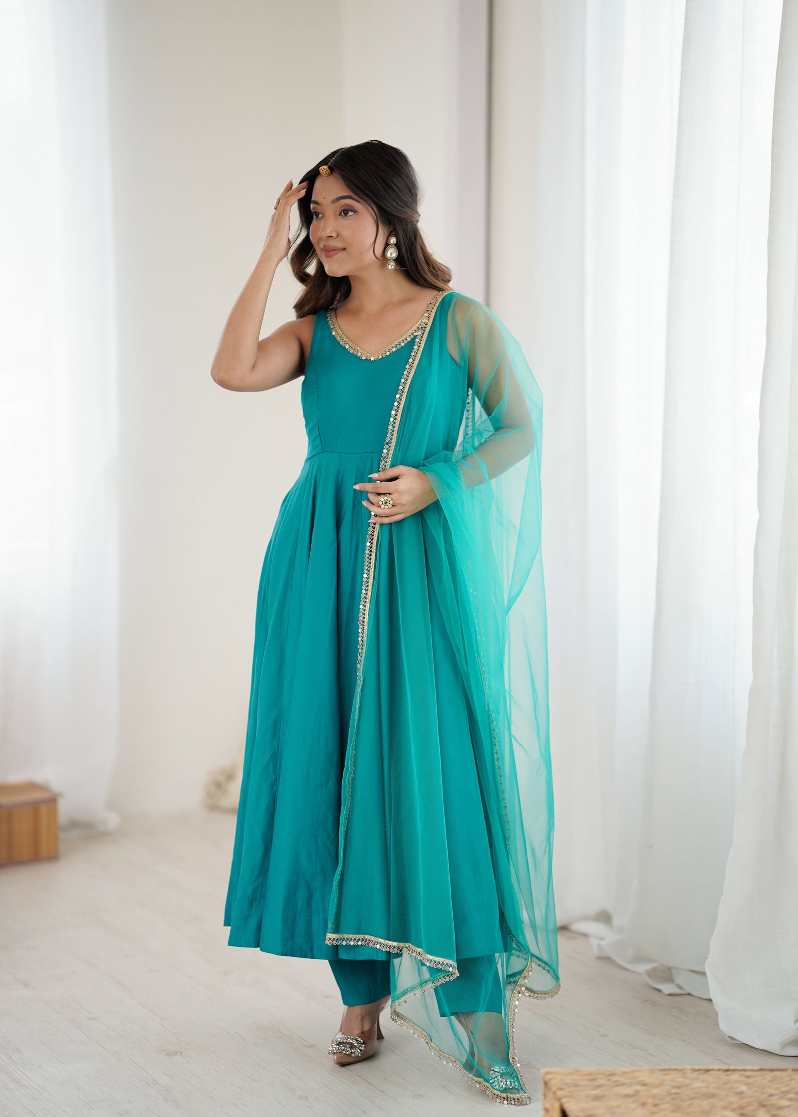 Sky Blue Roman Silk Chanderi Anarkali Gown Set with Pant & Net Dupatta ClothsVilla