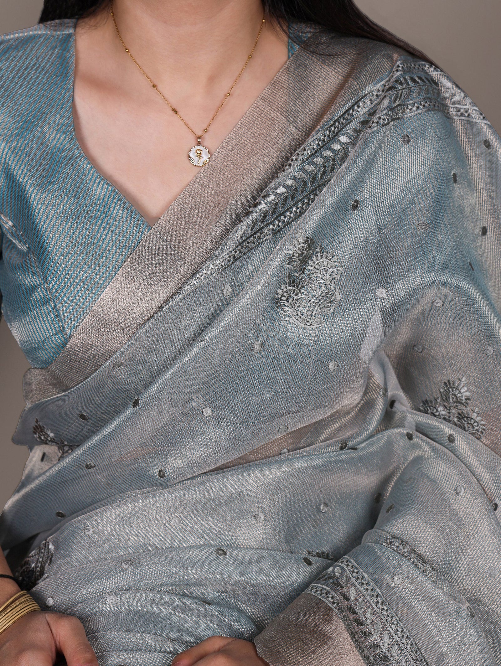 Sky Blue Rose Gold Poly Shimmer Saree with Elegant Thread Embroidery and Matching Blouse – Unstitched Ensemble ClothsVilla