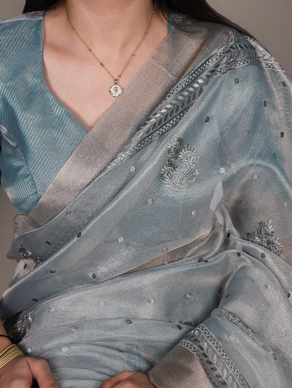 Sky Blue Rose Gold Poly Shimmer Saree with Elegant Thread Embroidery and Matching Blouse – Unstitched Ensemble ClothsVilla