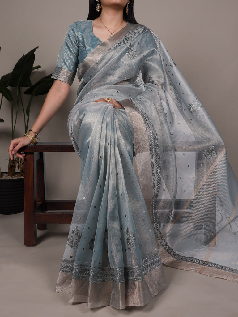 Sky Blue Rose Gold Poly Shimmer Saree with Elegant Thread Embroidery and Matching Blouse – Unstitched Ensemble ClothsVilla