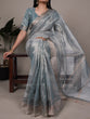 Load image into Gallery viewer, Sky Blue Rose Gold Poly Shimmer Saree with Elegant Thread Embroidery and Matching Blouse – Unstitched Ensemble ClothsVilla