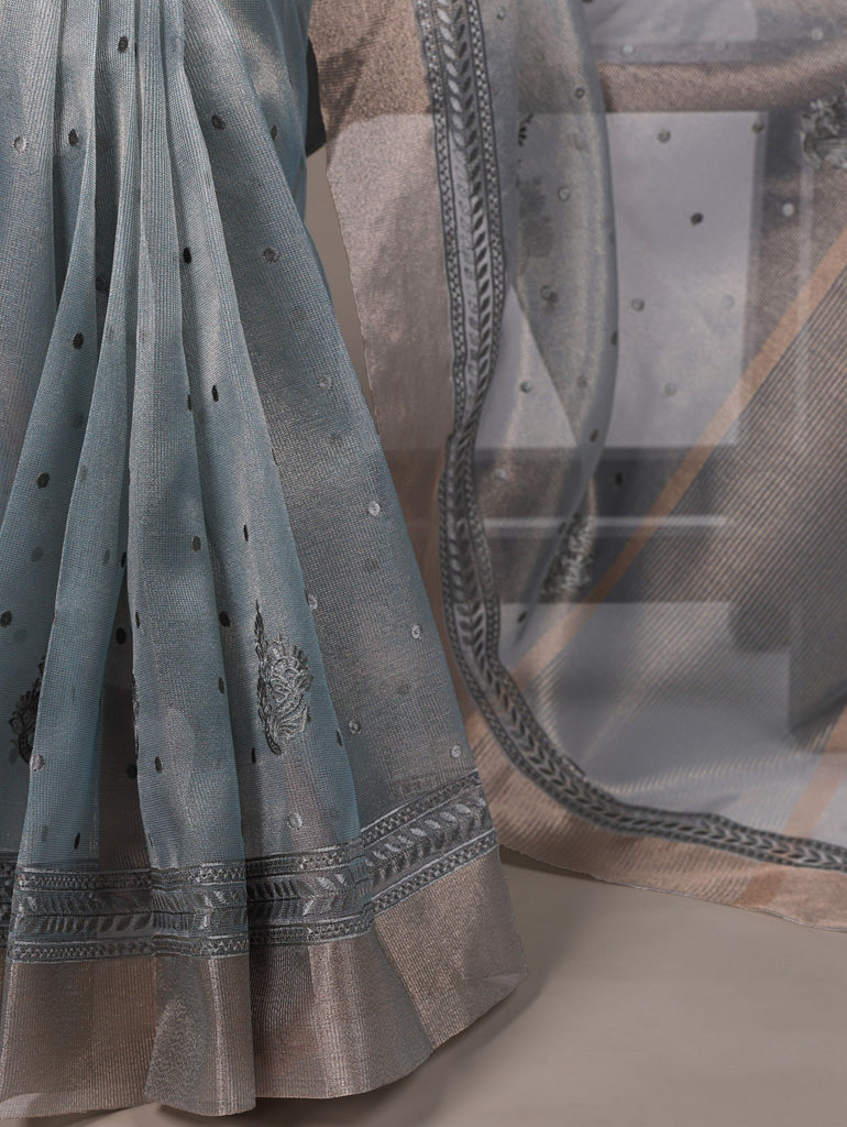 Sky Blue Rose Gold Poly Shimmer Saree with Elegant Thread Embroidery and Matching Blouse – Unstitched Ensemble ClothsVilla