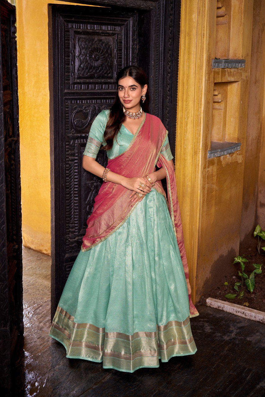 Sky Blue Royal Dupion Silk Zari Weaving Lehenga Choli with Zari Shimmer Dupatta – Stitched Traditional Ensemble ClothsVilla
