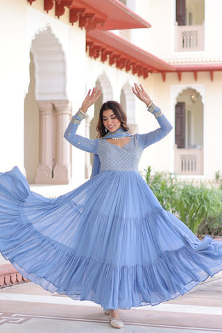 Sky Blue Royal Faux Georgette Embroidered Gown with Sequins & Zari Work – Three-Layer Frill Stitched Gown with Cotton Lining and Matching Dupatta ClothsVilla