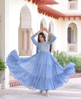 Sky Blue Royal Faux Georgette Embroidered Gown with Sequins & Zari Work – Three-Layer Frill Stitched Gown with Cotton Lining and Matching Dupatta ClothsVilla
