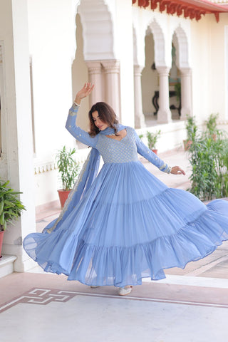 Sky Blue Royal Faux Georgette Embroidered Gown with Sequins & Zari Work – Three-Layer Frill Stitched Gown with Cotton Lining and Matching Dupatta ClothsVilla