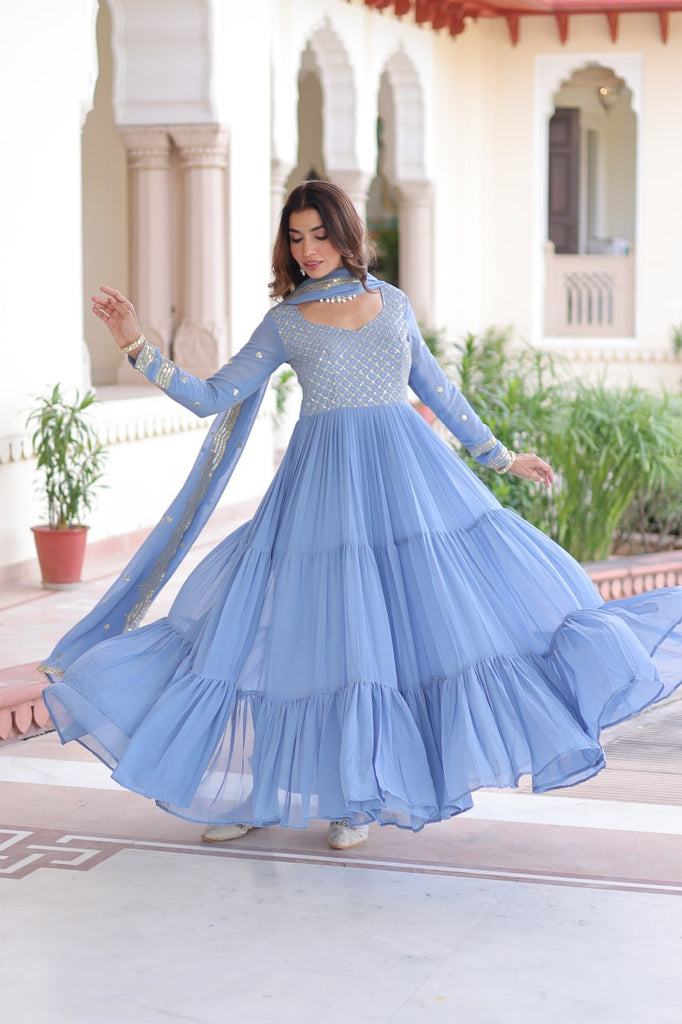 Sky Blue Royal Faux Georgette Embroidered Gown with Sequins & Zari Work – Three-Layer Frill Stitched Gown with Cotton Lining and Matching Dupatta ClothsVilla