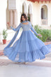 Load image into Gallery viewer, Sky Blue Royal Faux Georgette Embroidered Gown with Sequins &amp; Zari Work – Three-Layer Frill Stitched Gown with Cotton Lining and Matching Dupatta ClothsVilla