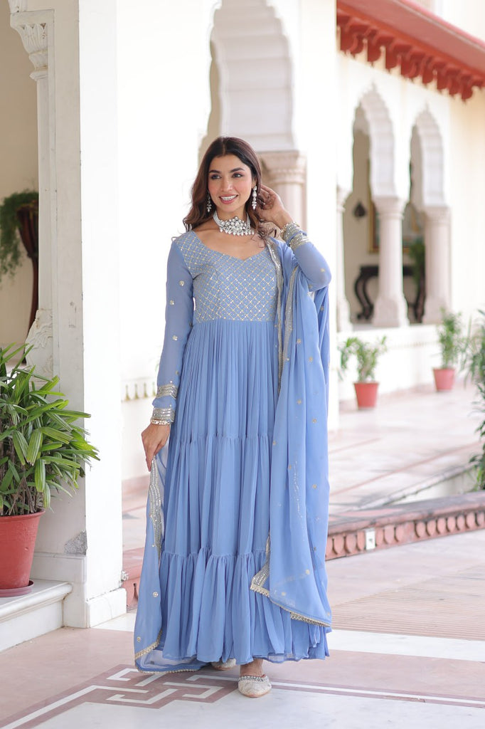 Sky Blue Royal Faux Georgette Embroidered Gown with Sequins & Zari Work – Three-Layer Frill Stitched Gown with Cotton Lining and Matching Dupatta ClothsVilla