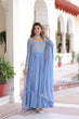 Load image into Gallery viewer, Sky Blue Royal Faux Georgette Embroidered Gown with Sequins &amp; Zari Work – Three-Layer Frill Stitched Gown with Cotton Lining and Matching Dupatta ClothsVilla