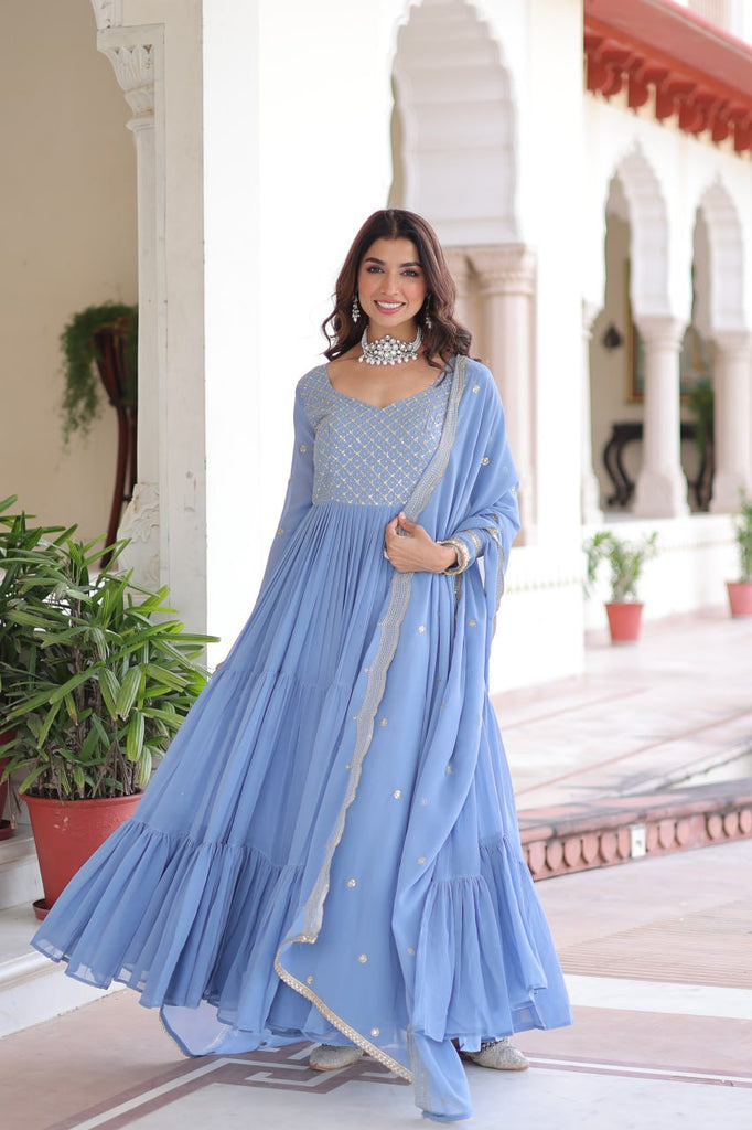 Sky Blue Royal Faux Georgette Embroidered Gown with Sequins & Zari Work – Three-Layer Frill Stitched Gown with Cotton Lining and Matching Dupatta ClothsVilla
