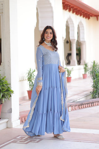 Sky Blue Royal Faux Georgette Embroidered Gown with Sequins & Zari Work – Three-Layer Frill Stitched Gown with Cotton Lining and Matching Dupatta ClothsVilla
