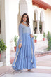 Load image into Gallery viewer, Sky Blue Royal Faux Georgette Embroidered Gown with Sequins &amp; Zari Work – Three-Layer Frill Stitched Gown with Cotton Lining and Matching Dupatta ClothsVilla