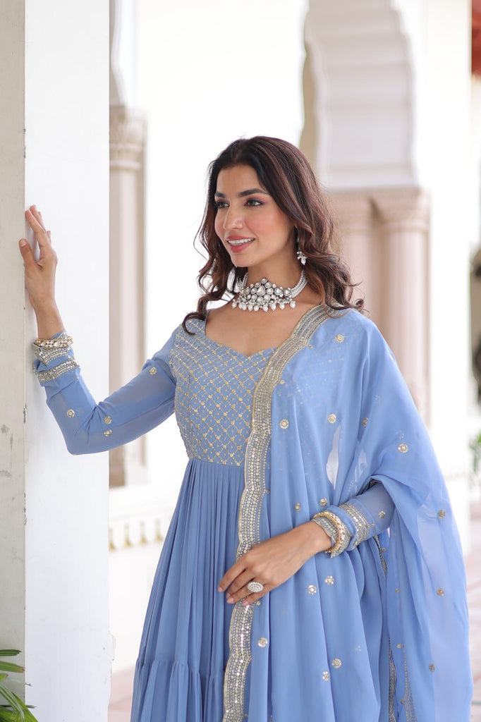 Sky Blue Royal Faux Georgette Embroidered Gown with Sequins & Zari Work – Three-Layer Frill Stitched Gown with Cotton Lining and Matching Dupatta ClothsVilla