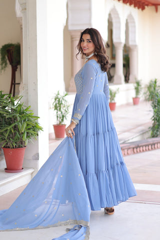 Sky Blue Royal Faux Georgette Embroidered Gown with Sequins & Zari Work – Three-Layer Frill Stitched Gown with Cotton Lining and Matching Dupatta ClothsVilla