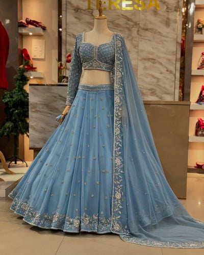 Royal Fox Georgette Semi-Stitched Lehenga Set with Rivet Moti & Sequin Work ClothsVilla