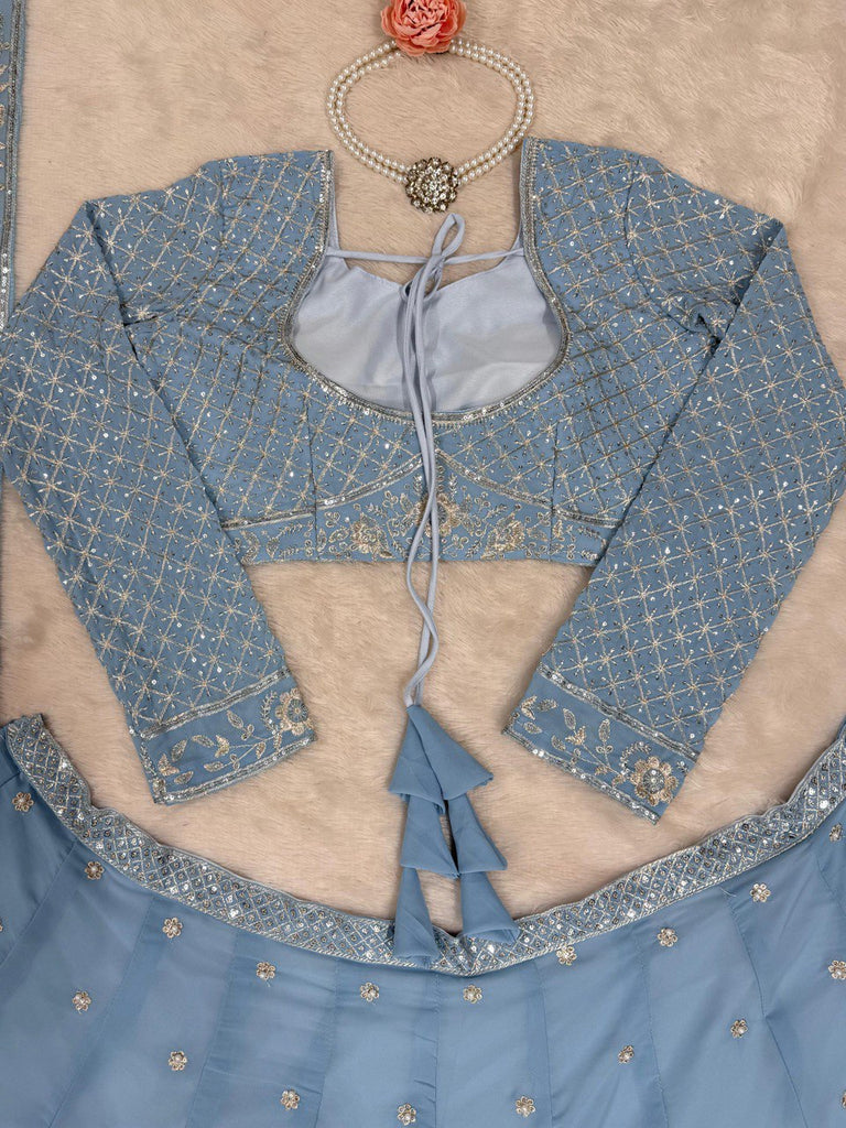 Royal Fox Georgette Semi-Stitched Lehenga Set with Rivet Moti & Sequin Work ClothsVilla