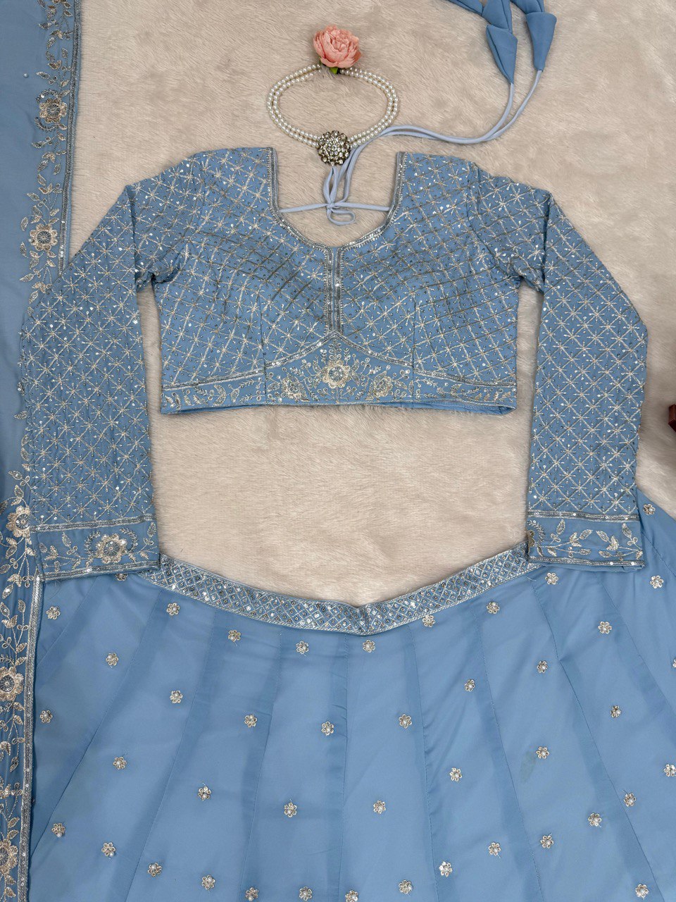 Royal Fox Georgette Semi-Stitched Lehenga Set with Rivet Moti & Sequin Work ClothsVilla