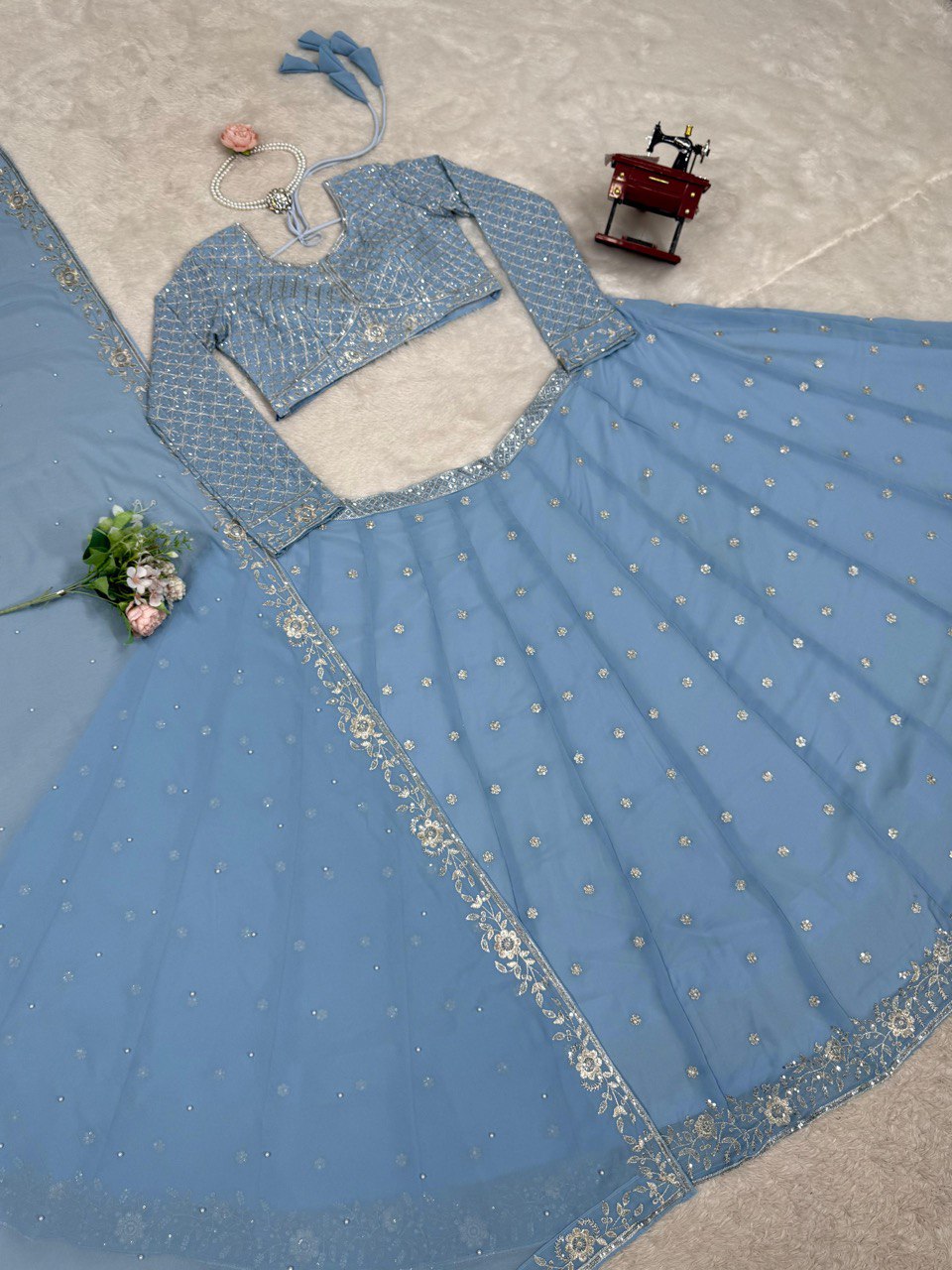Royal Fox Georgette Semi-Stitched Lehenga Set with Rivet Moti & Sequin Work ClothsVilla