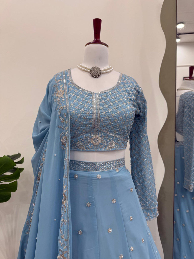 Royal Fox Georgette Semi-Stitched Lehenga Set with Rivet Moti & Sequin Work ClothsVilla