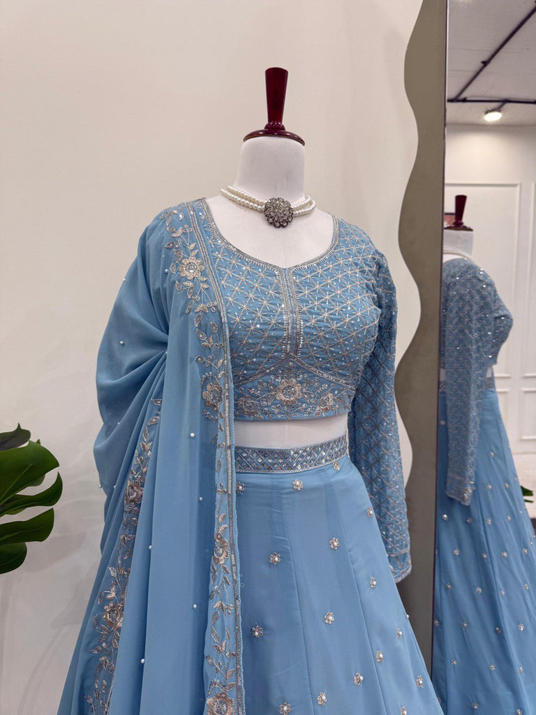 Royal Fox Georgette Semi-Stitched Lehenga Set with Rivet Moti & Sequin Work ClothsVilla