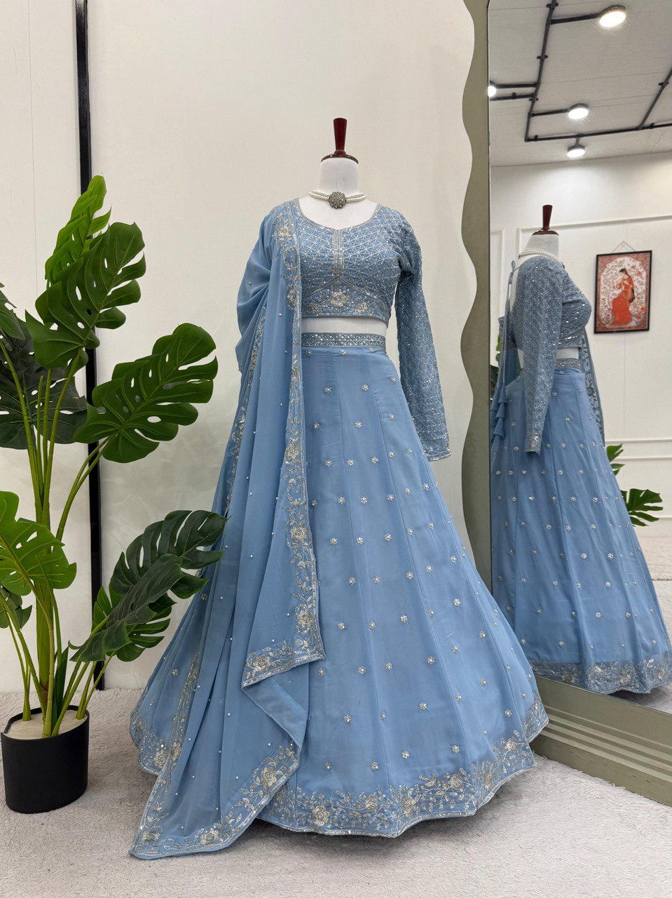 Royal Fox Georgette Semi-Stitched Lehenga Set with Rivet Moti & Sequin Work ClothsVilla