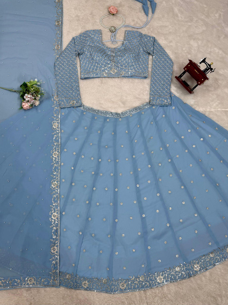 Royal Fox Georgette Semi-Stitched Lehenga Set with Rivet Moti & Sequin Work ClothsVilla