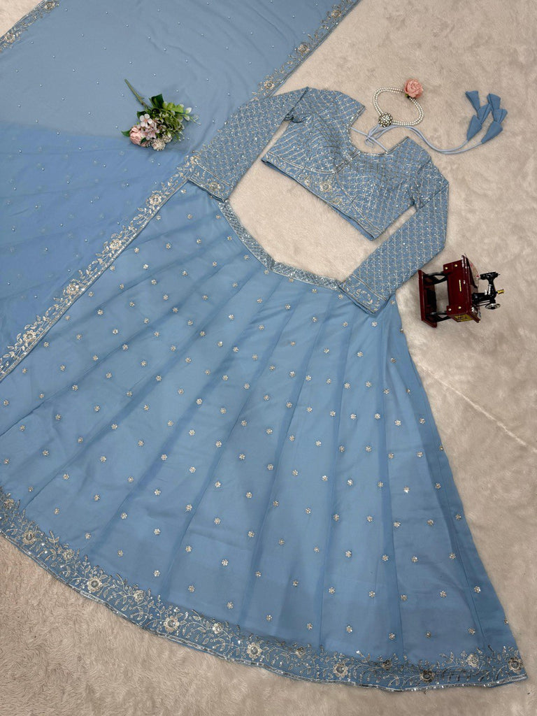 Royal Fox Georgette Semi-Stitched Lehenga Set with Rivet Moti & Sequin Work ClothsVilla