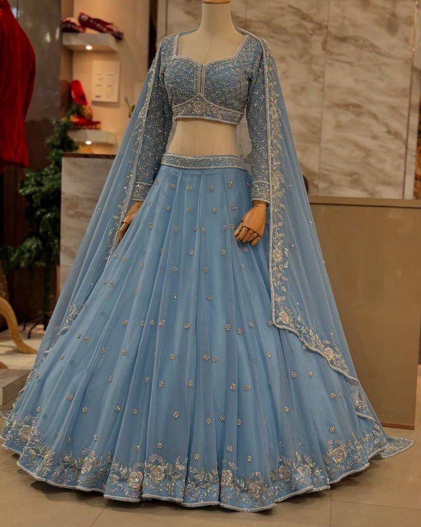 Royal Fox Georgette Semi-Stitched Lehenga Set with Rivet Moti & Sequin Work ClothsVilla