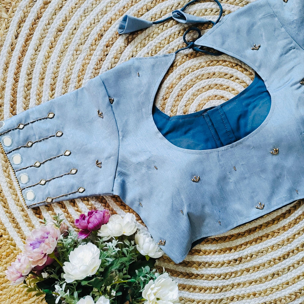 Sky Blue Russian Silk Blouse with Mirror and Pearl Embellishments ClothsVilla