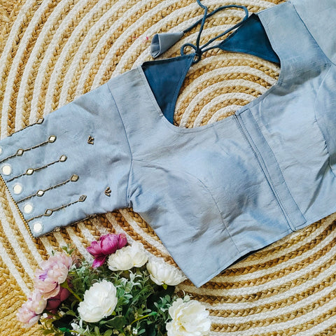 Sky Blue Russian Silk Blouse with Mirror and Pearl Embellishments ClothsVilla Main image