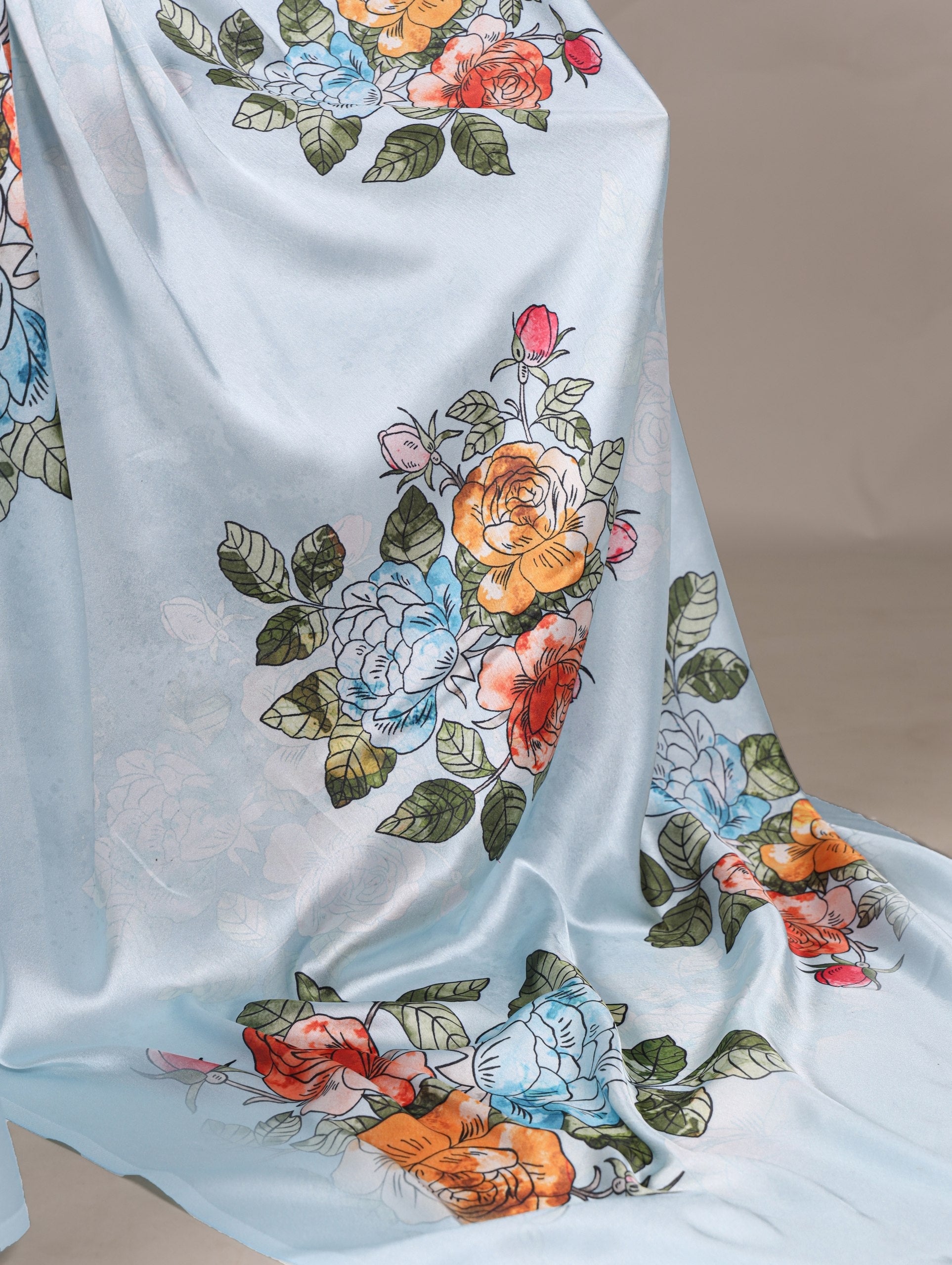Sky Blue Satin Silk Floral Printed Saree with Natural Silk Blouse Piece ClothsVilla