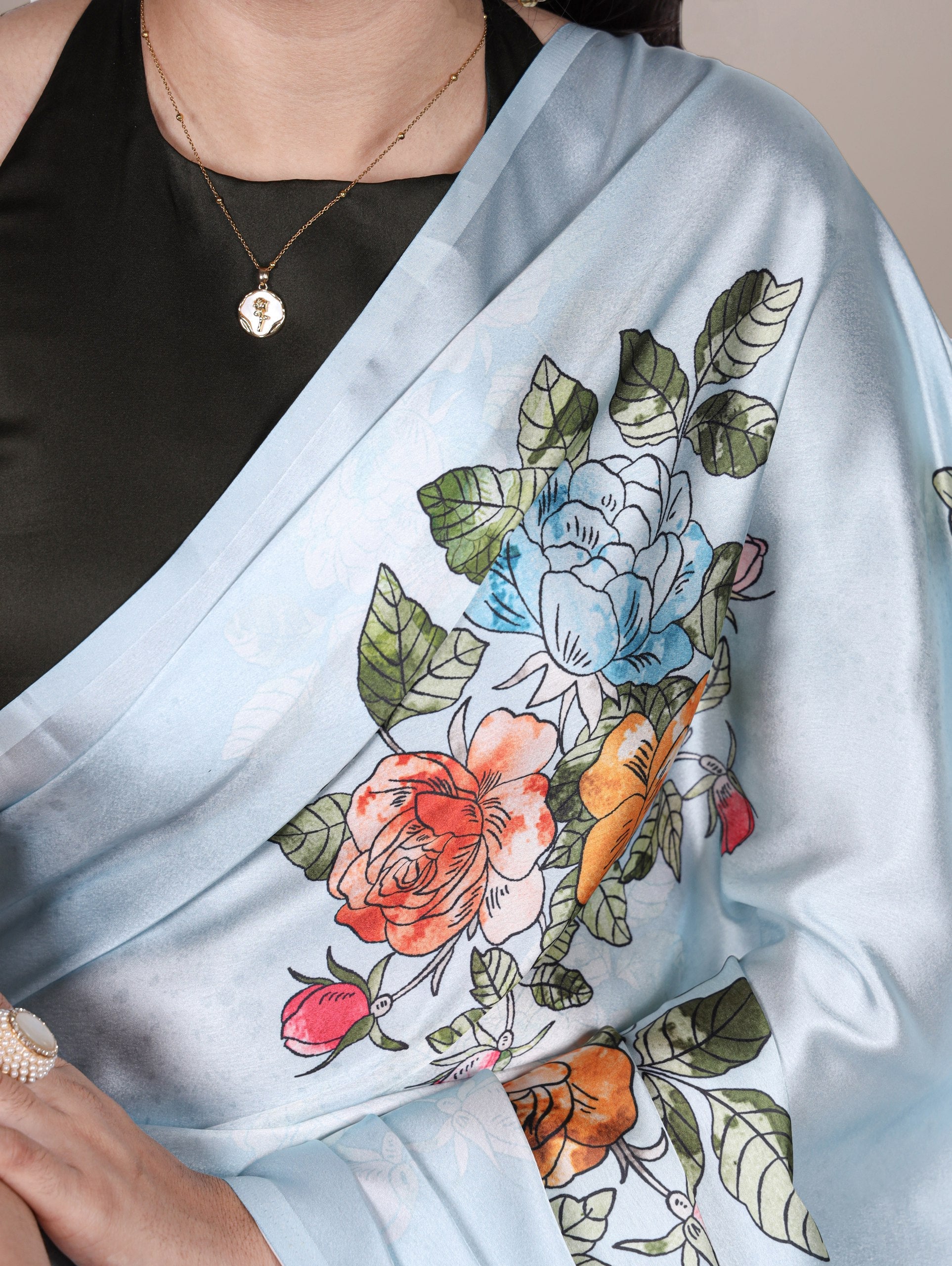 Sky Blue Satin Silk Floral Printed Saree with Natural Silk Blouse Piece ClothsVilla