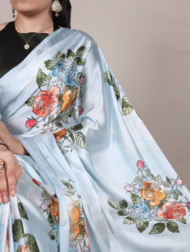 Sky Blue Satin Silk Floral Printed Saree with Natural Silk Blouse Piece ClothsVilla
