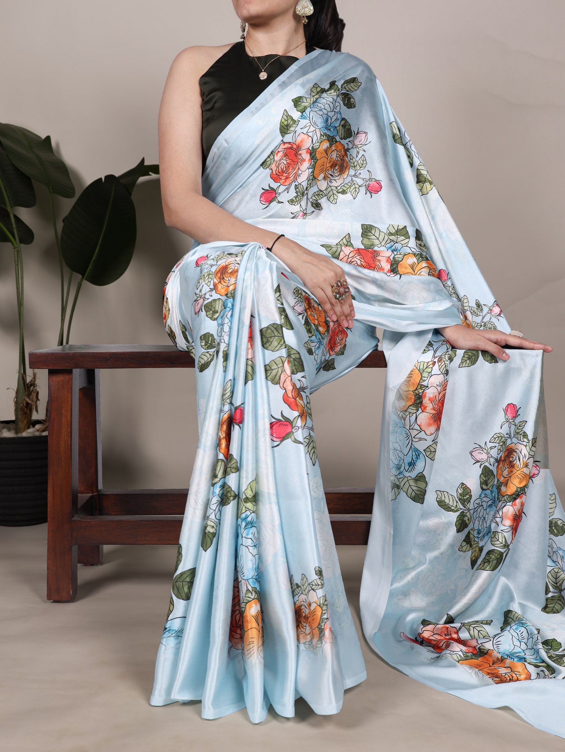 Sky Blue Satin Silk Floral Printed Saree with Natural Silk Blouse Piece ClothsVilla Main image
