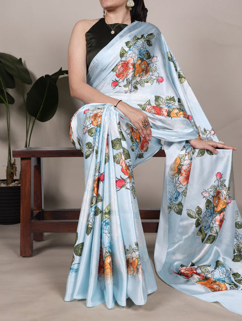 Sky Blue Satin Silk Floral Printed Saree with Natural Silk Blouse Piece ClothsVilla Main image