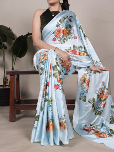 Sky Blue Satin Silk Floral Printed Saree with Natural Silk Blouse Piece ClothsVilla