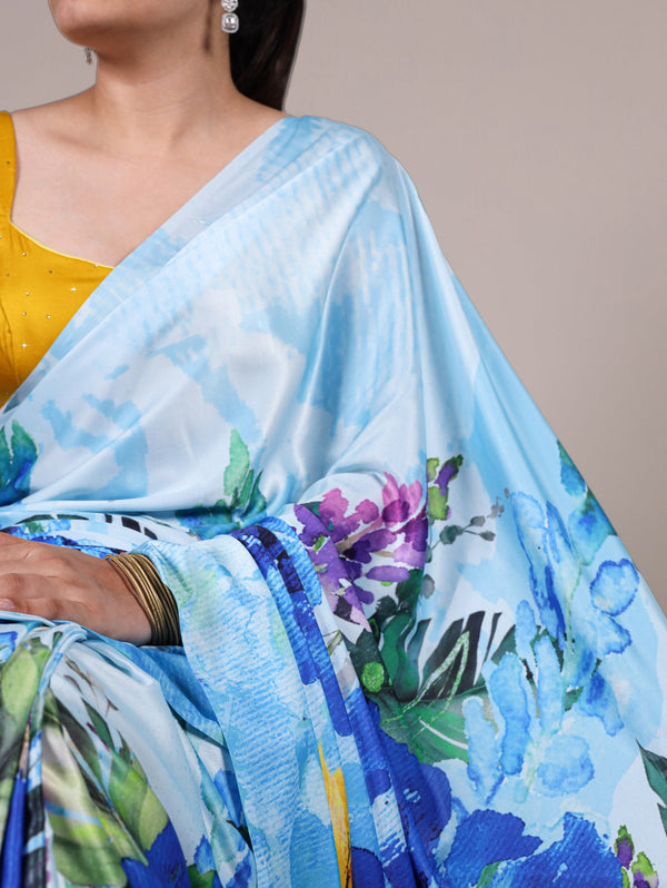 Sky Blue Satin Silk Printed Saree with Moonga Silk Hotfix Blouse ClothsVilla