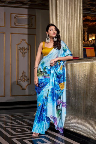 Sky Blue Satin Silk Printed Saree with Moonga Silk Hotfix Blouse ClothsVilla