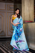 Load image into Gallery viewer, Sky Blue Satin Silk Printed Saree with Moonga Silk Hotfix Blouse ClothsVilla