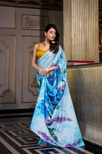 Sky Blue Satin Silk Printed Saree with Moonga Silk Hotfix Blouse ClothsVilla