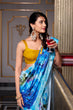 Load image into Gallery viewer, Sky Blue Satin Silk Printed Saree with Moonga Silk Hotfix Blouse ClothsVilla