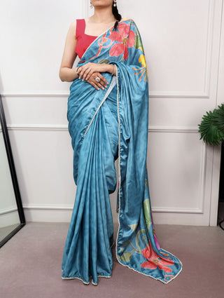 Sky Blue Satin Silk Printed Saree ClothsVilla