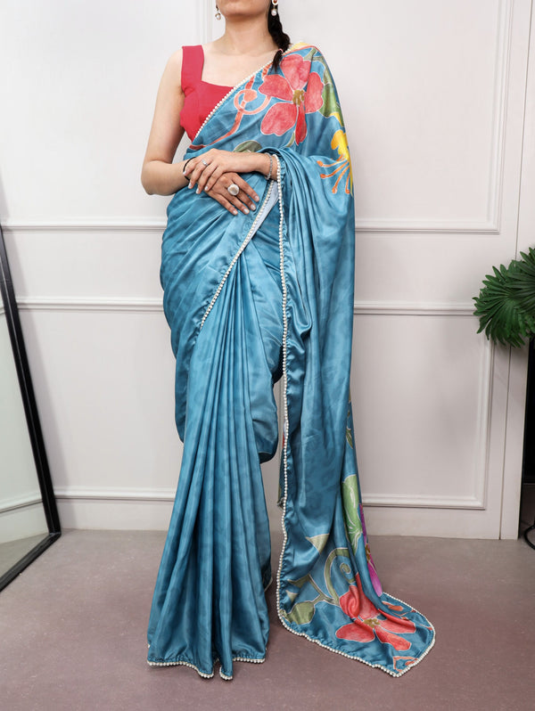 Sky Blue Satin Silk Printed Saree ClothsVilla